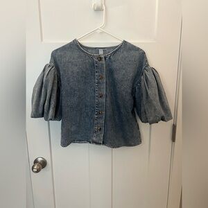 Denim Puff Sleeve Button-Up Top